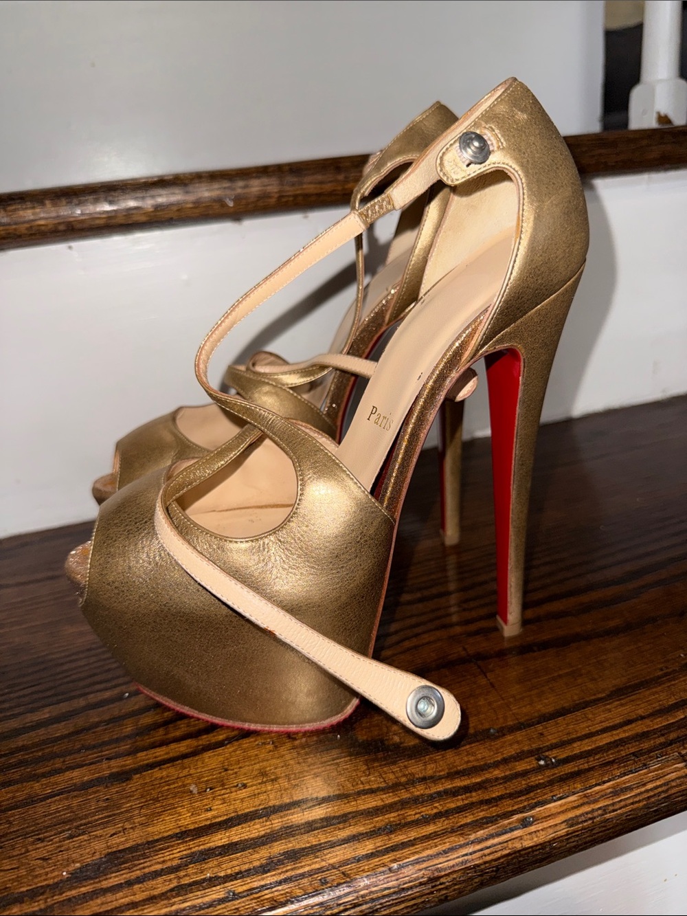 Christian Louboutin Gold Metallic T-Strap Peep-Toe Heels - Picture 2 of 4